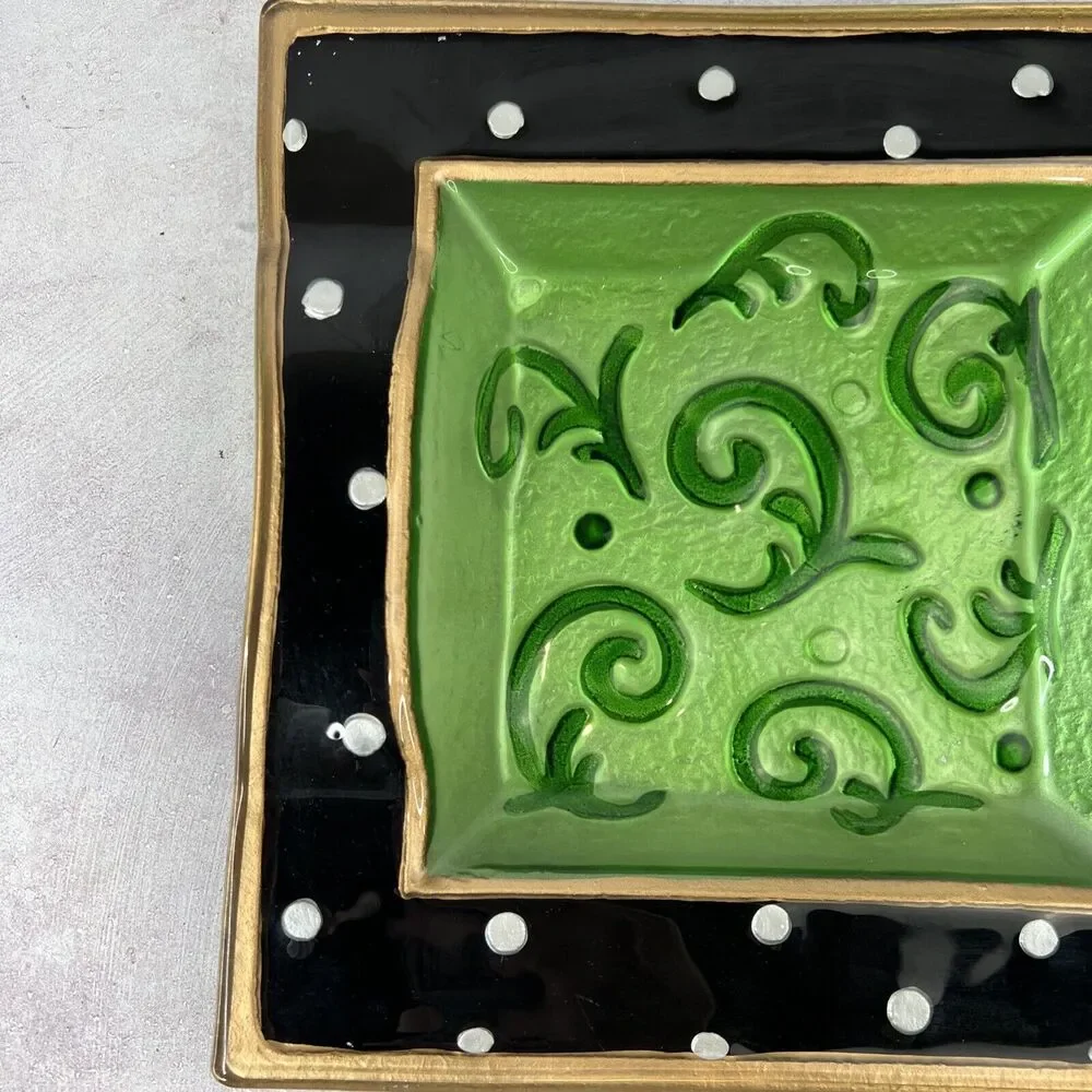 Vintage Art Glass Painted Black &‎ Green Polka Dot Decorative Bowl